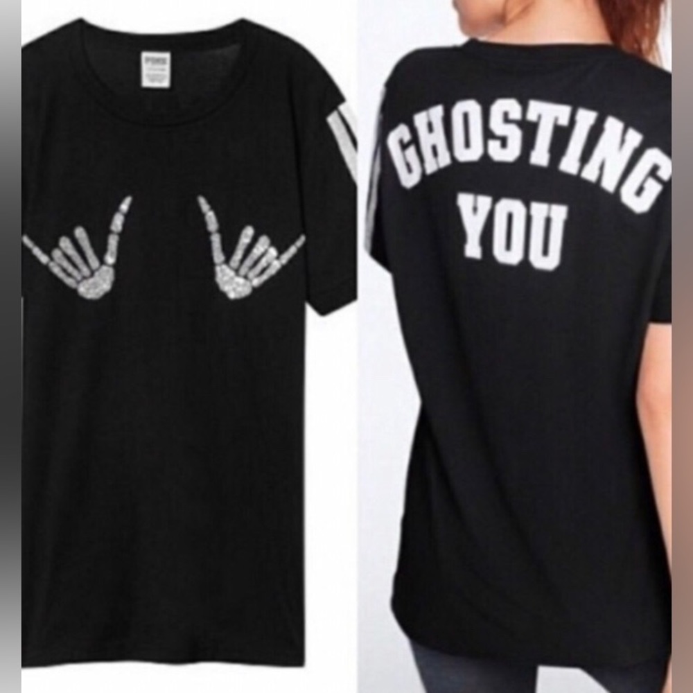 vs pink rare skeleton bling hands tee with matching leggings size large read 👇